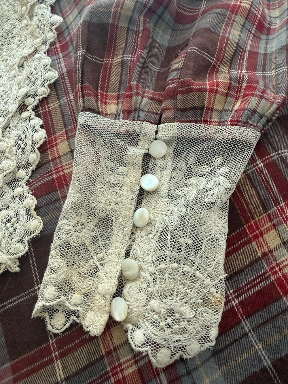 Vintage 80’s Ralph Lauren Plaid Flannel Button Front
Lace Trim Scarf Cuffs - Picture 9 of 16